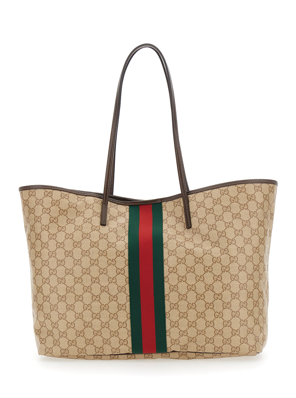 Gucci Women 'Essence' Beige Tote Bag With Maxi Web Stripe And Automatic Button Closure In Gg Canvas For Women