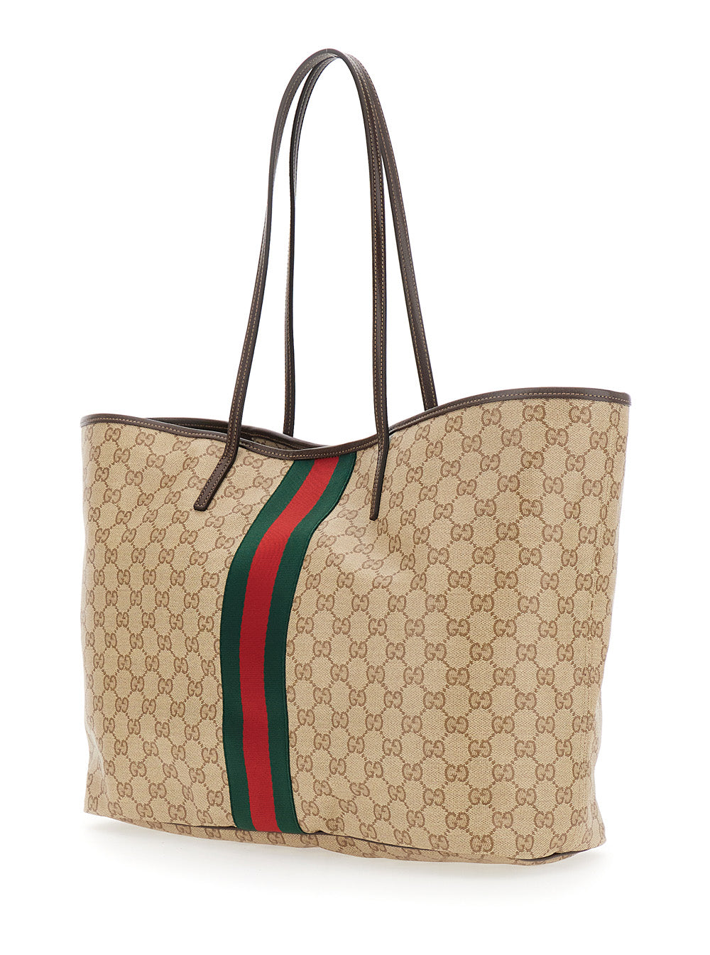 Gucci Women 'Essence' Beige Tote Bag With Maxi Web Stripe And Automatic Button Closure In Gg Canvas For Women