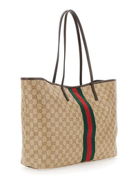 Gucci Women 'Essence' Beige Tote Bag With Maxi Web Stripe And Automatic Button Closure In Gg Canvas For Women
