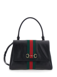Gucci Women Black Handbag With Web Detail And Horsebit Plaque On The Front In Leather For Women