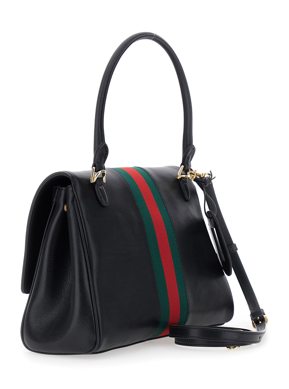 Gucci Women Black Handbag With Web Detail And Horsebit Plaque On The Front In Leather For Women