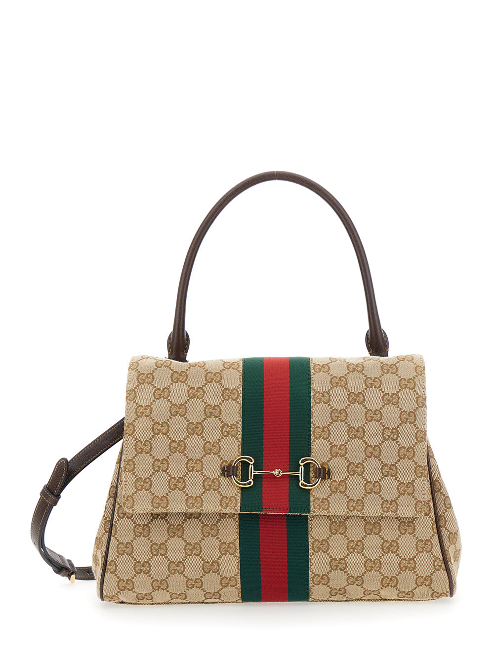 Gucci Women Beige Handbag With Web Detail And Horsebit Plaque On The Front In Gg Canvas For Women