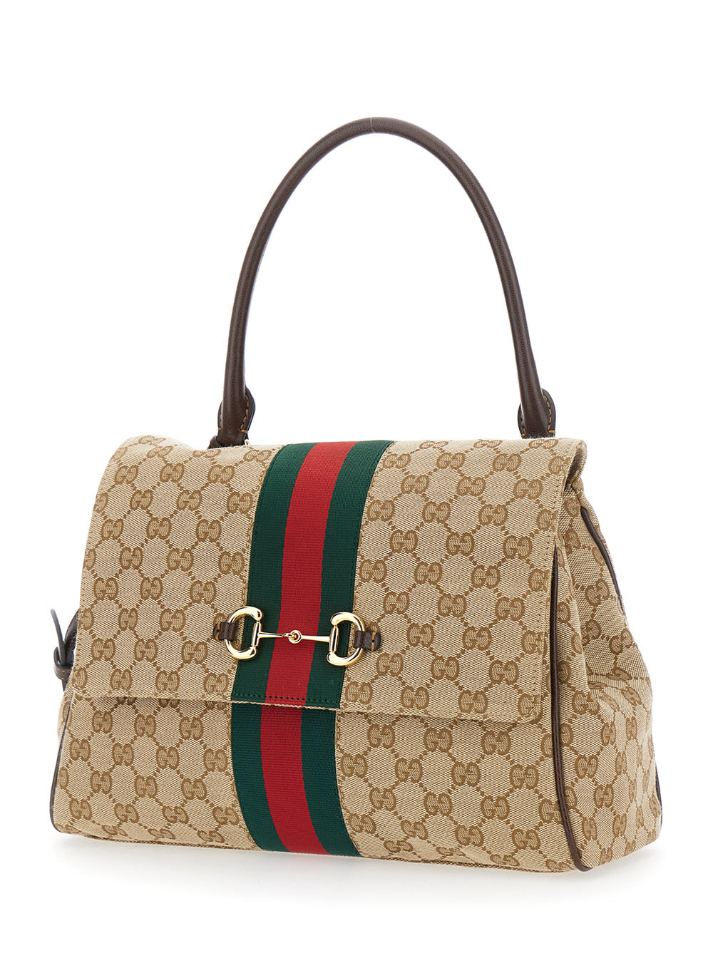 Gucci Women Beige Handbag With Web Detail And Horsebit Plaque On The Front In Gg Canvas For Women