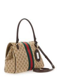 Gucci Women Beige Handbag With Web Detail And Horsebit Plaque On The Front In Gg Canvas For Women