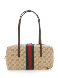 Gucci Women 'Boston' Beige Shoulder Bag With Two Top Handles And Maxi Web Strap In Gg Canvas For Women
