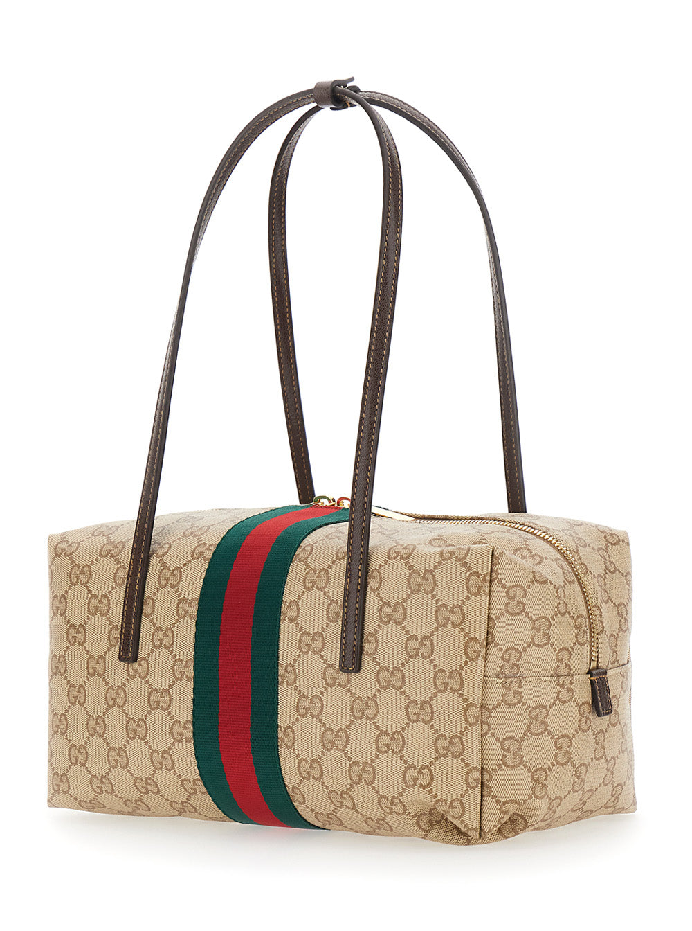 Gucci Women 'Boston' Beige Shoulder Bag With Two Top Handles And Maxi Web Strap In Gg Canvas For Women