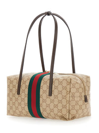 Gucci Women 'Boston' Beige Shoulder Bag With Two Top Handles And Maxi Web Strap In Gg Canvas For Women