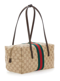 Gucci Women 'Boston' Beige Shoulder Bag With Two Top Handles And Maxi Web Strap In Gg Canvas For Women