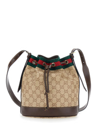 Gucci Women 'Venice' Beige Crossbody Bag With Web Stripe And Drawstring Closure In Gg Canvas For Women