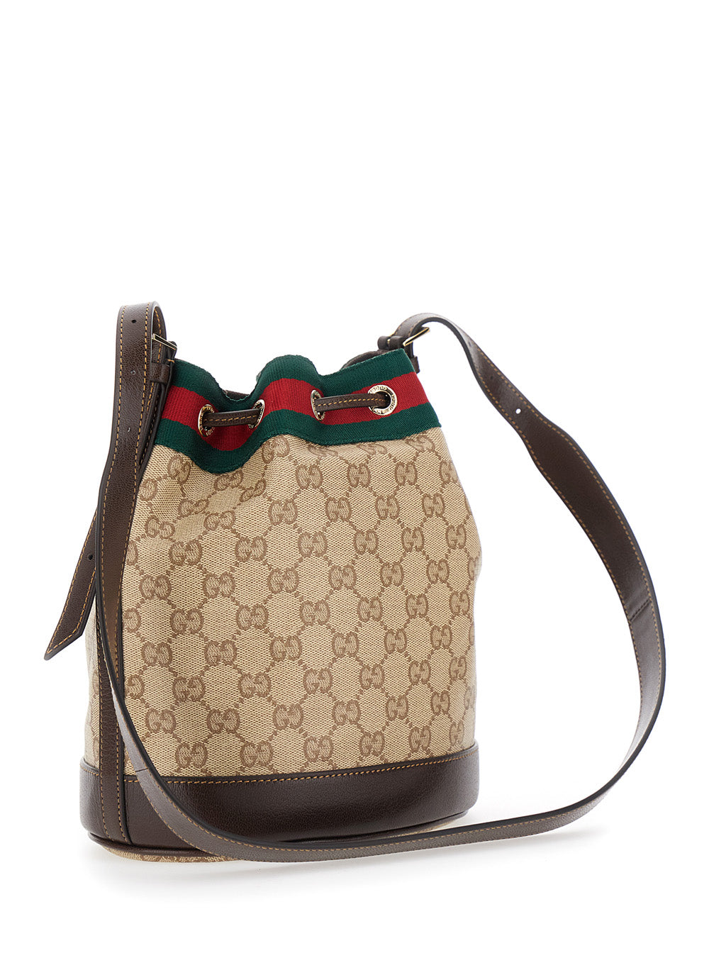 Gucci Women 'Venice' Beige Crossbody Bag With Web Stripe And Drawstring Closure In Gg Canvas For Women