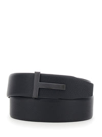 Tom Ford Men 'Icon T' Black Belt With T-Shaped Buckle In Grained Leather For Men