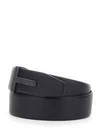 Tom Ford Men 'Icon T' Black Belt With T-Shaped Buckle In Grained Leather For Men