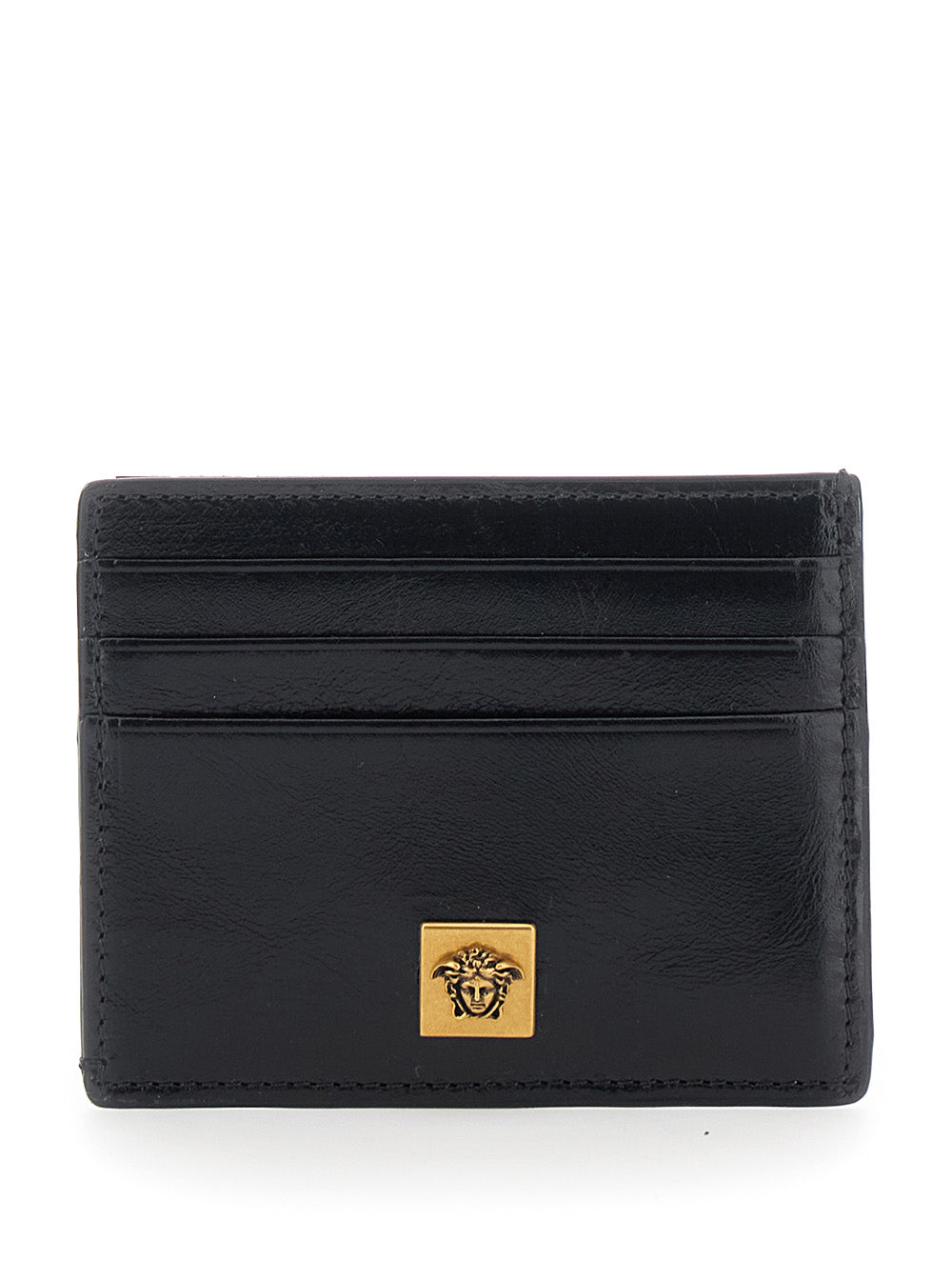 Versace Men Black Card Holder With Embossed Logo On The Front In Leather For Men