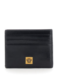 Versace Men Black Card Holder With Embossed Logo On The Front In Leather For Men