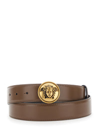 Versace Men Brown Belt With Medusa Metal Buckle In Leather For Men