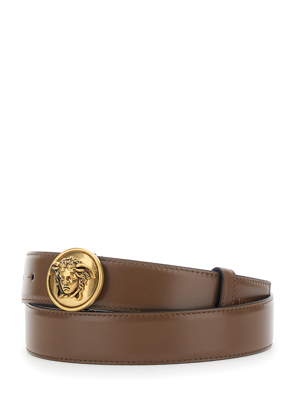 Versace Men Brown Belt With Medusa Metal Buckle In Leather For Men