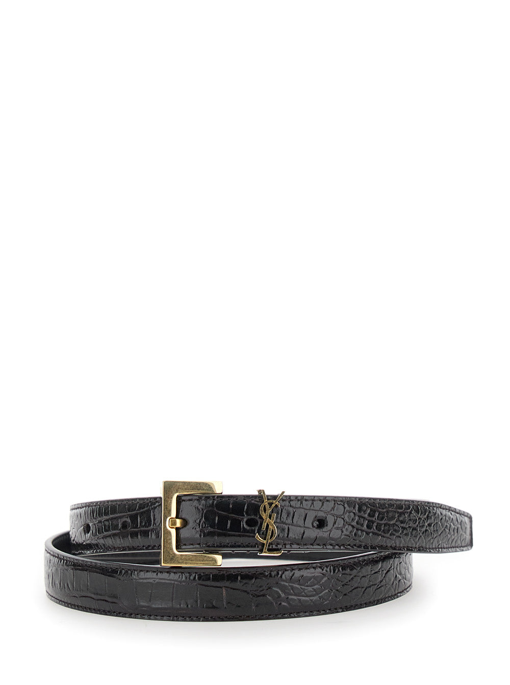 SAINT LAURENT Saint Laurent Women Thin Belt With Cassandre Detail In Black Crocodile-Embossed Leather For Women
