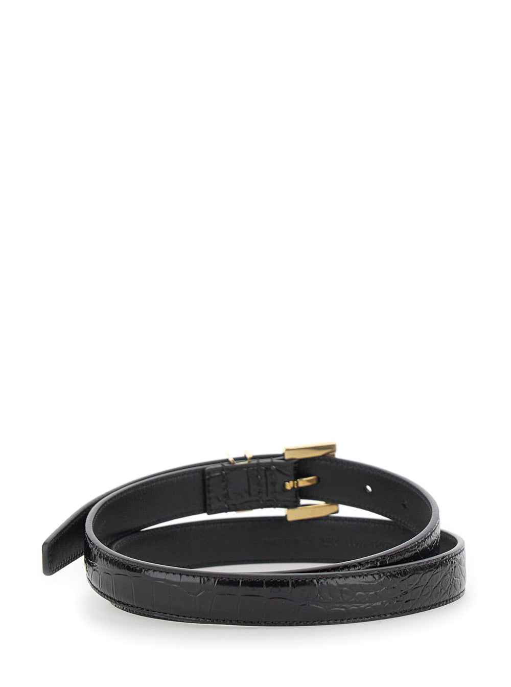 SAINT LAURENT Saint Laurent Women Thin Belt With Cassandre Detail In Black Crocodile-Embossed Leather For Women