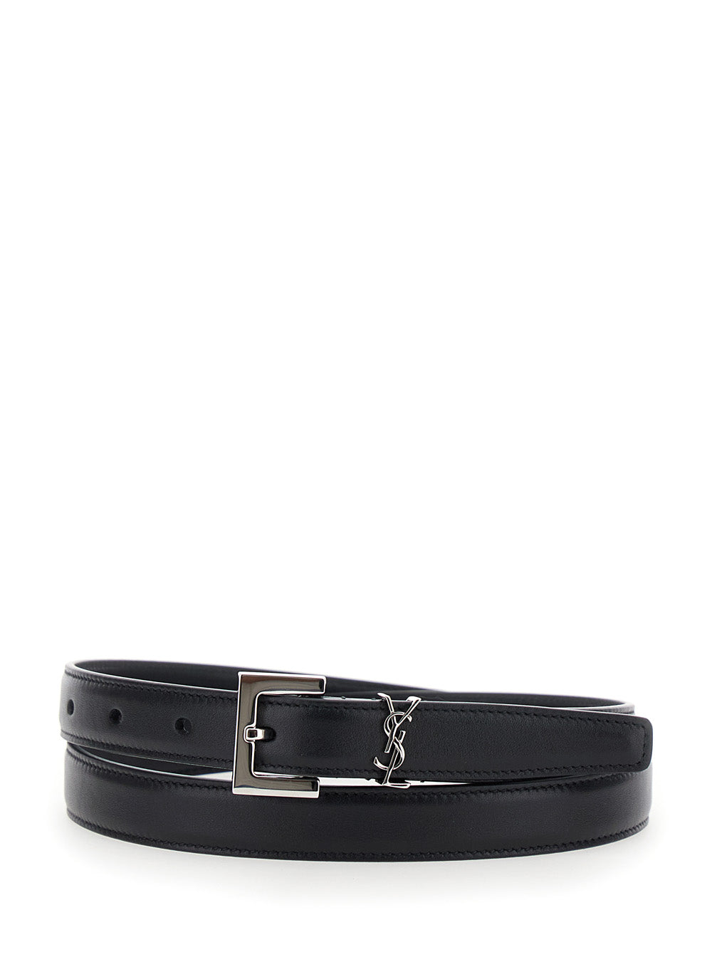 Saint Laurent Women Belt With Cassandre Plate On The Front And Square Buckle In Black Leather For Women