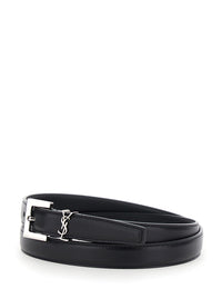 Saint Laurent Women Belt With Cassandre Plate On The Front And Square Buckle In Black Leather For Women