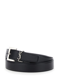 Saint Laurent Women Belt With Cassandre Plate On The Front And Square Buckle In Black Leather For Women