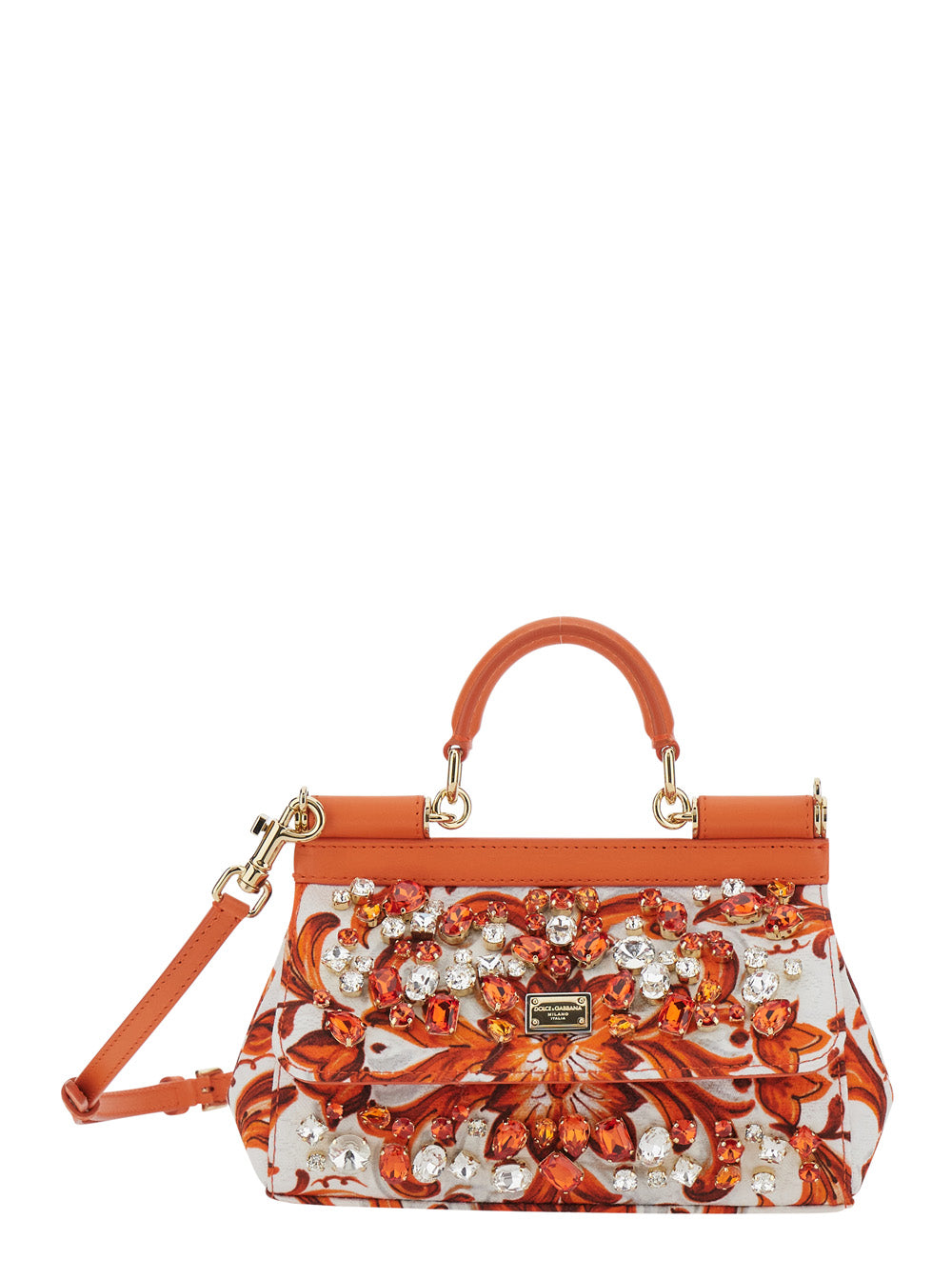 Dolce & Gabbana Women 'Sicily' Orange Small Handbag With Floral Motif And Logo Plate On The Front In Canvas And Leather For Women