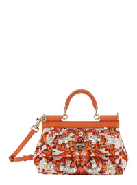 Dolce & Gabbana Women 'Sicily' Orange Small Handbag With Floral Motif And Logo Plate On The Front In Canvas And Leather For Women