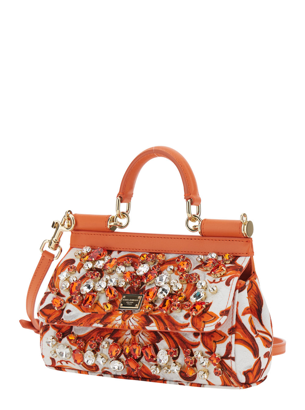 Dolce & Gabbana Women 'Sicily' Orange Small Handbag With Floral Motif And Logo Plate On The Front In Canvas And Leather For Women