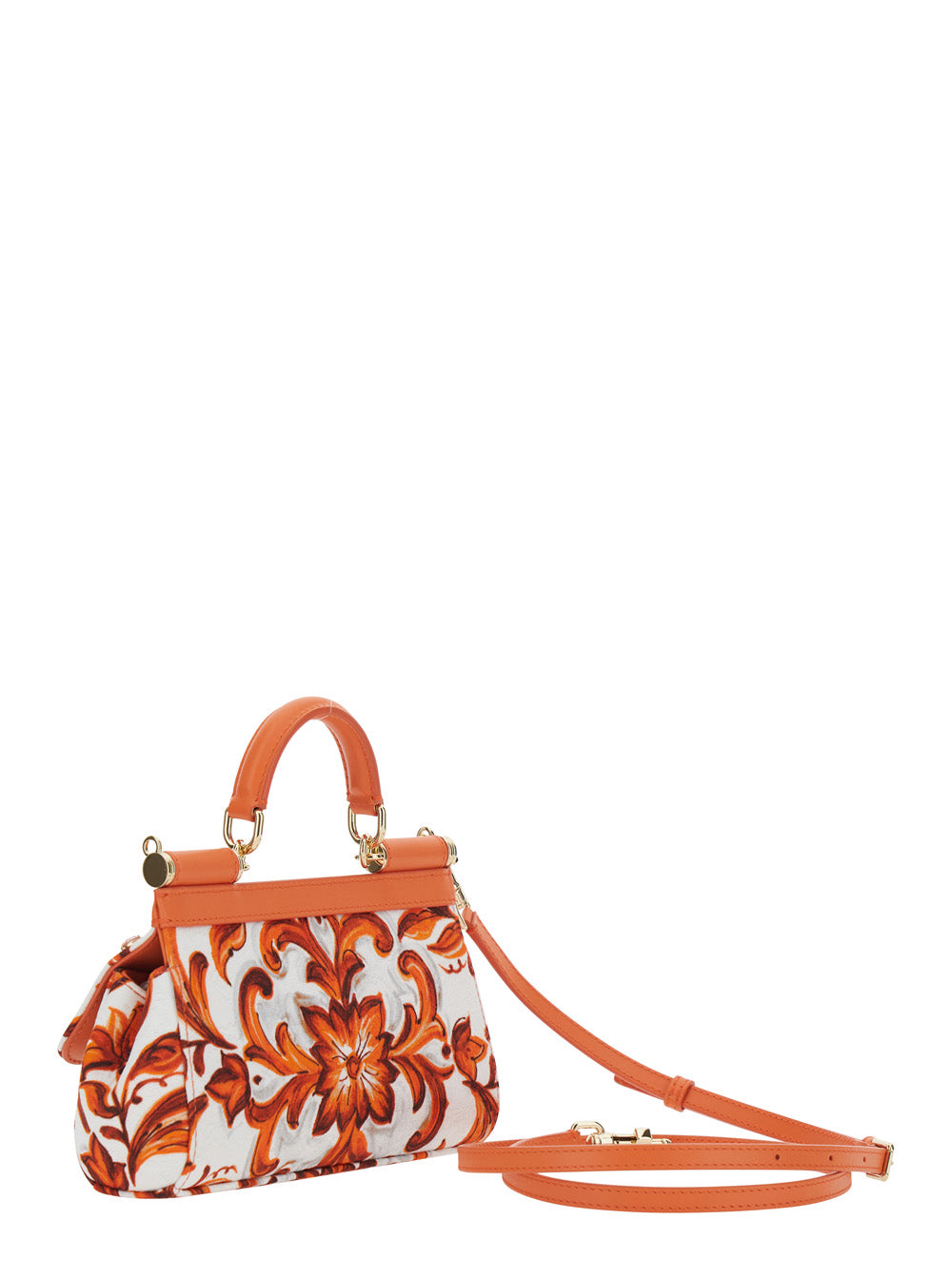 Dolce & Gabbana Women 'Sicily' Orange Small Handbag With Floral Motif And Logo Plate On The Front In Canvas And Leather For Women