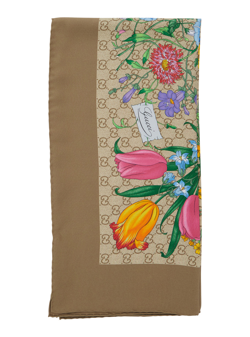 Gucci Women Beige Scarf With Floral And All-Over Gg Print In Silk Twill For Women