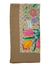 Gucci Women Beige Scarf With Floral And All-Over Gg Print In Silk Twill For Women