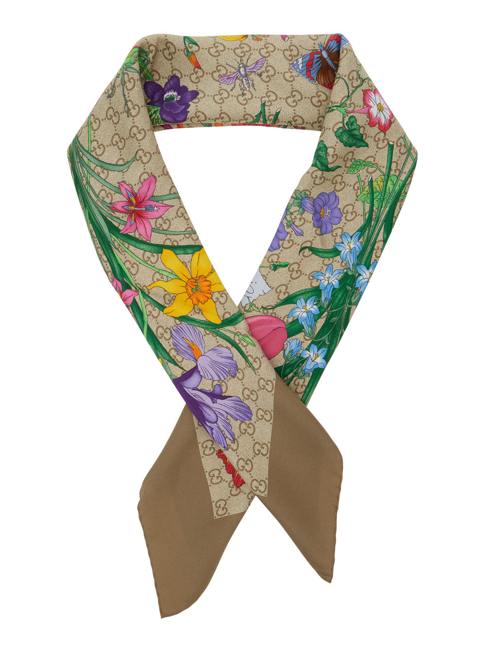 Gucci Women Beige Scarf With Floral And All-Over Gg Print In Silk Twill For Women