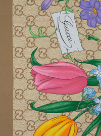 Gucci Women Beige Scarf With Floral And All-Over Gg Print In Silk Twill For Women