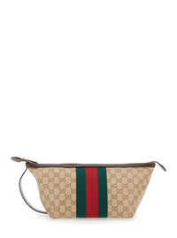 Gucci Men Beige Clutch With Wrist Strap And Web Stripe In Gg Canvas For Men