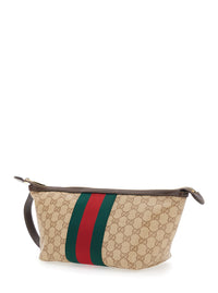 Gucci Men Beige Clutch With Wrist Strap And Web Stripe In Gg Canvas For Men