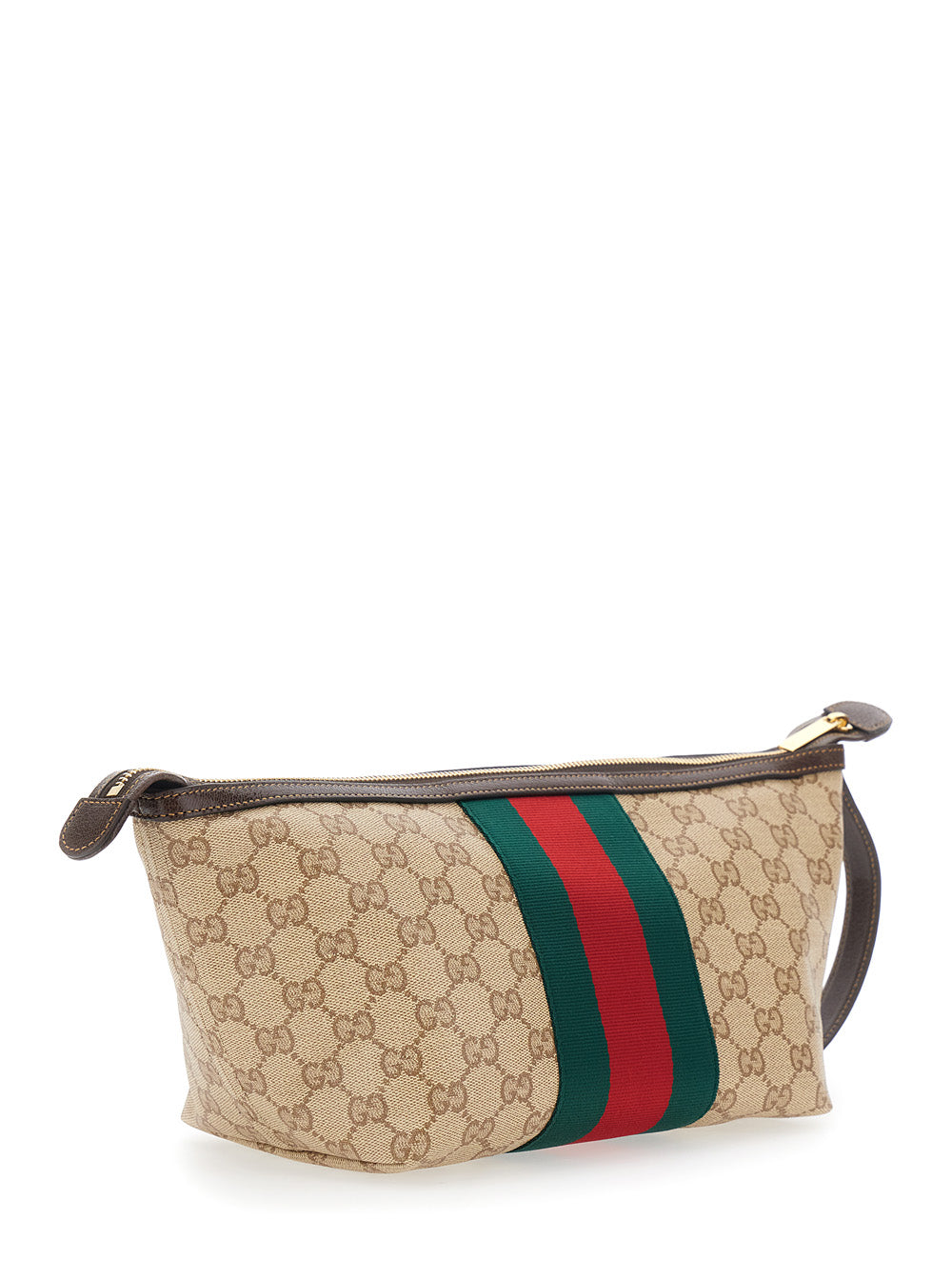 Gucci Men Beige Clutch With Wrist Strap And Web Stripe In Gg Canvas For Men