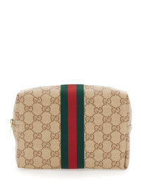 Gucci Women Beige Pouch With All-Over Gg Motif And Web Detail In Fabric For Women
