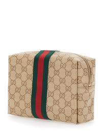 Gucci Women Beige Pouch With All-Over Gg Motif And Web Detail In Fabric For Women