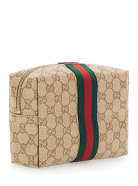 Gucci Women Beige Pouch With All-Over Gg Motif And Web Detail In Fabric For Women
