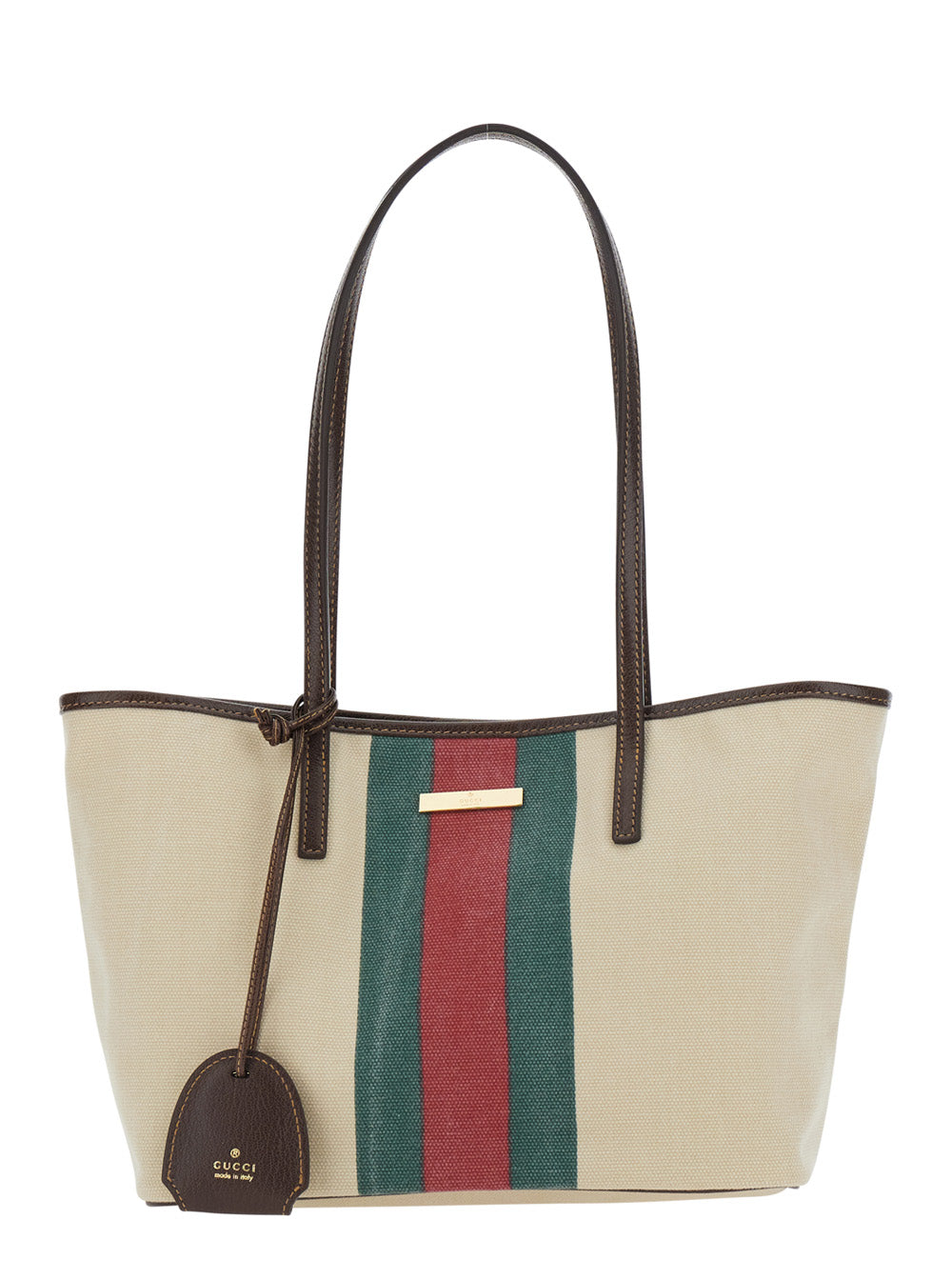 Gucci Women 'Essence' White Tote Bag With Logo Plate On The Front And Web Stripe In Leather For Women