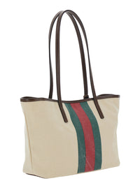 Gucci Women 'Essence' White Tote Bag With Logo Plate On The Front And Web Stripe In Leather For Women