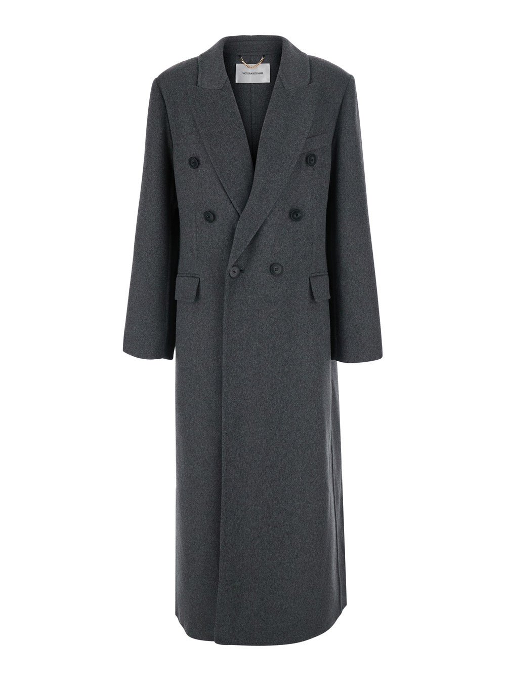 Victoria Beckham Women Grey Coat With Wide Notched Revers And Belt On The Back In Wool And Cashmere For Women
