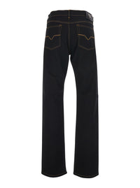 Versace Men Black Jeans With Five-Pocket Design And Logo Patch On The Back In Denim For Men