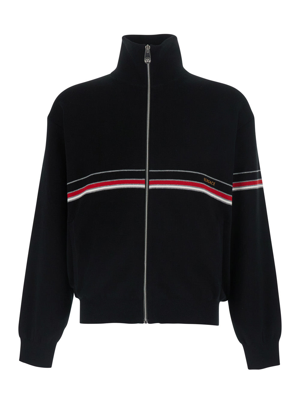 Versace Men Black Turtleneck With Logo Lettering On The Front In Cotton For Men