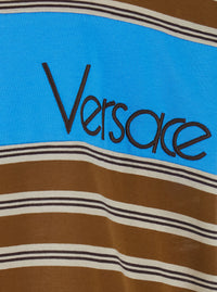 Versace Men Brown T-Shirt With Striped Motif And Logo Lettering On The Front In Cotton Men