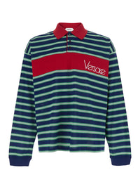 Versace Men Blue And Red Polo With Striped Motif And Logo Lettering On The Front In Cotton For Men