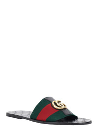 GUCCI Gucci Men 'Riviera' Black Sandals With Web Stripe And Metallic Gg Logo In Leather And Tech Fabric Men