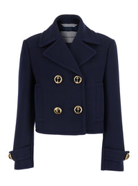 Balenciaga Women Blue Cropped Jacket With Wide Notched Revers And Halfbelt In Wool For Women