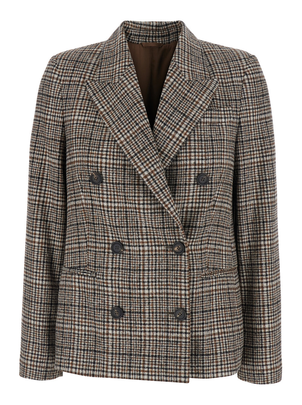 Brunello Cucinelli Women Beige Double-Breasted Jacket With Peak Revers And All-Over Check Motif In Wool For Women