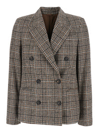 Brunello Cucinelli Women Beige Double-Breasted Jacket With Peak Revers And All-Over Check Motif In Wool For Women